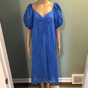 LC Lauren Conrad Blue Midi Sundress with Puff Sleeves and Sweetheart Neckline